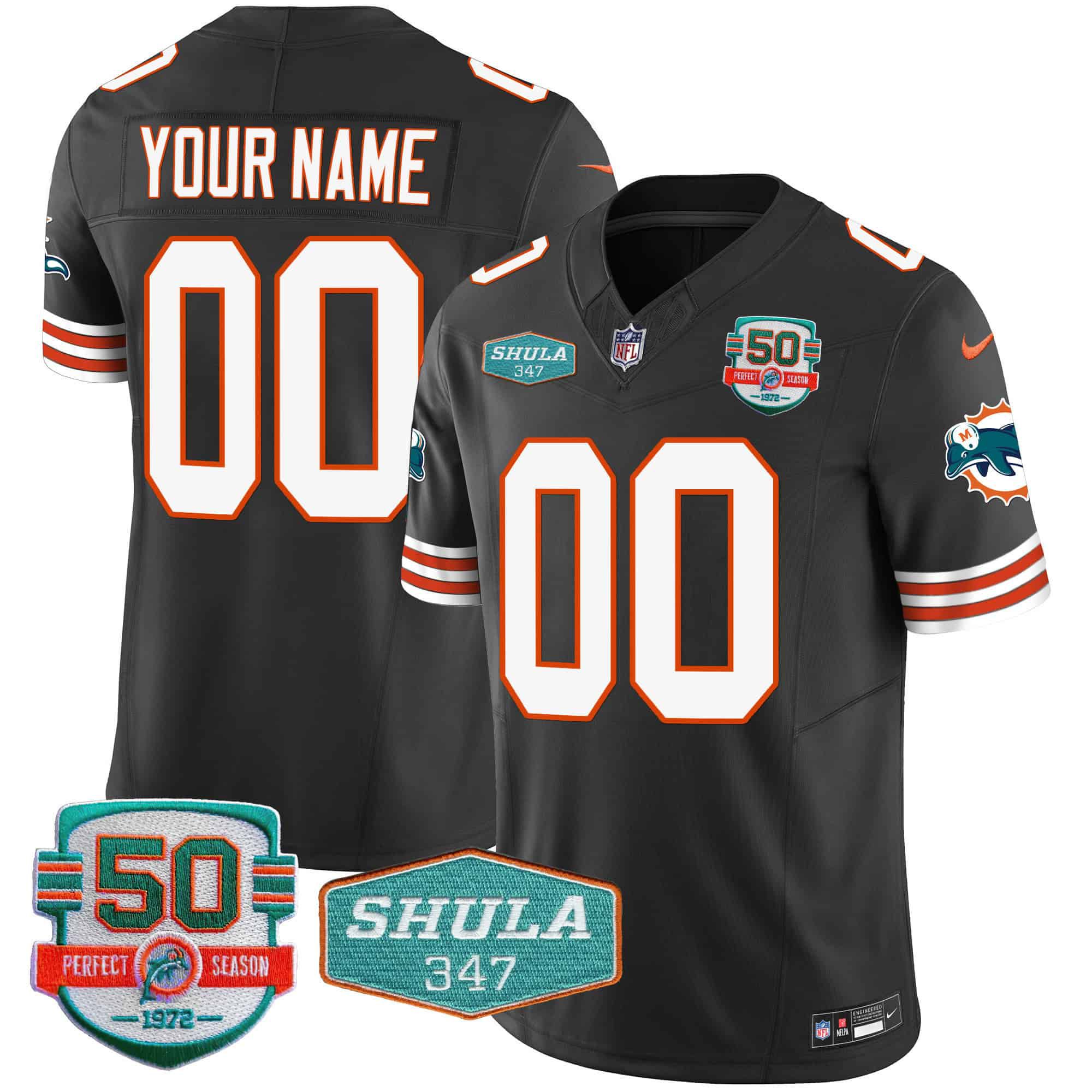 Men Miami Dolphins Black 2024 Nike Throwback Shula 347 Patch Vapor Custom NFL Jersey style 1